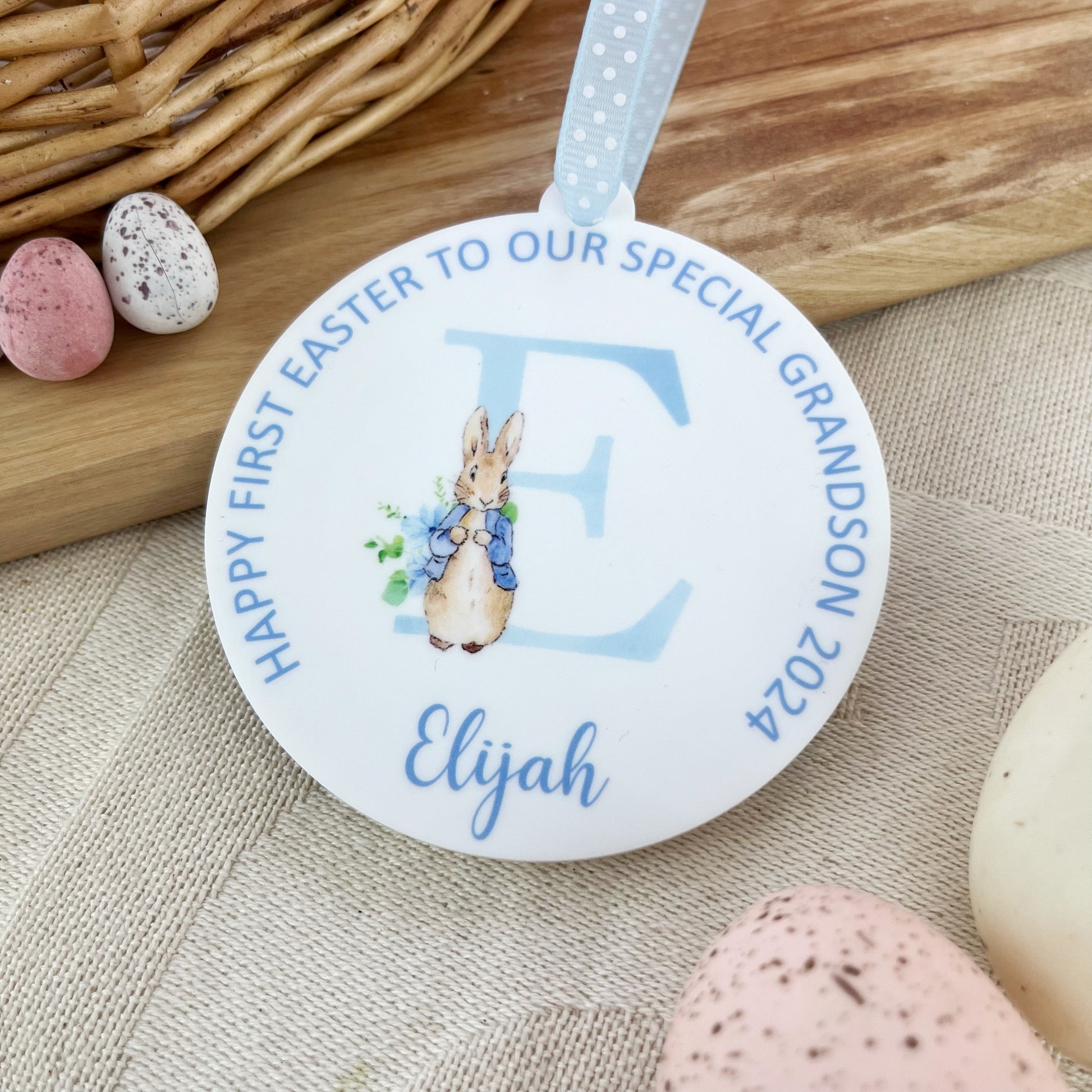 Baby's My First Easter Keepsake Decoration with Personalised name and wording, illustrated with a watercolour of Peter Rabbit