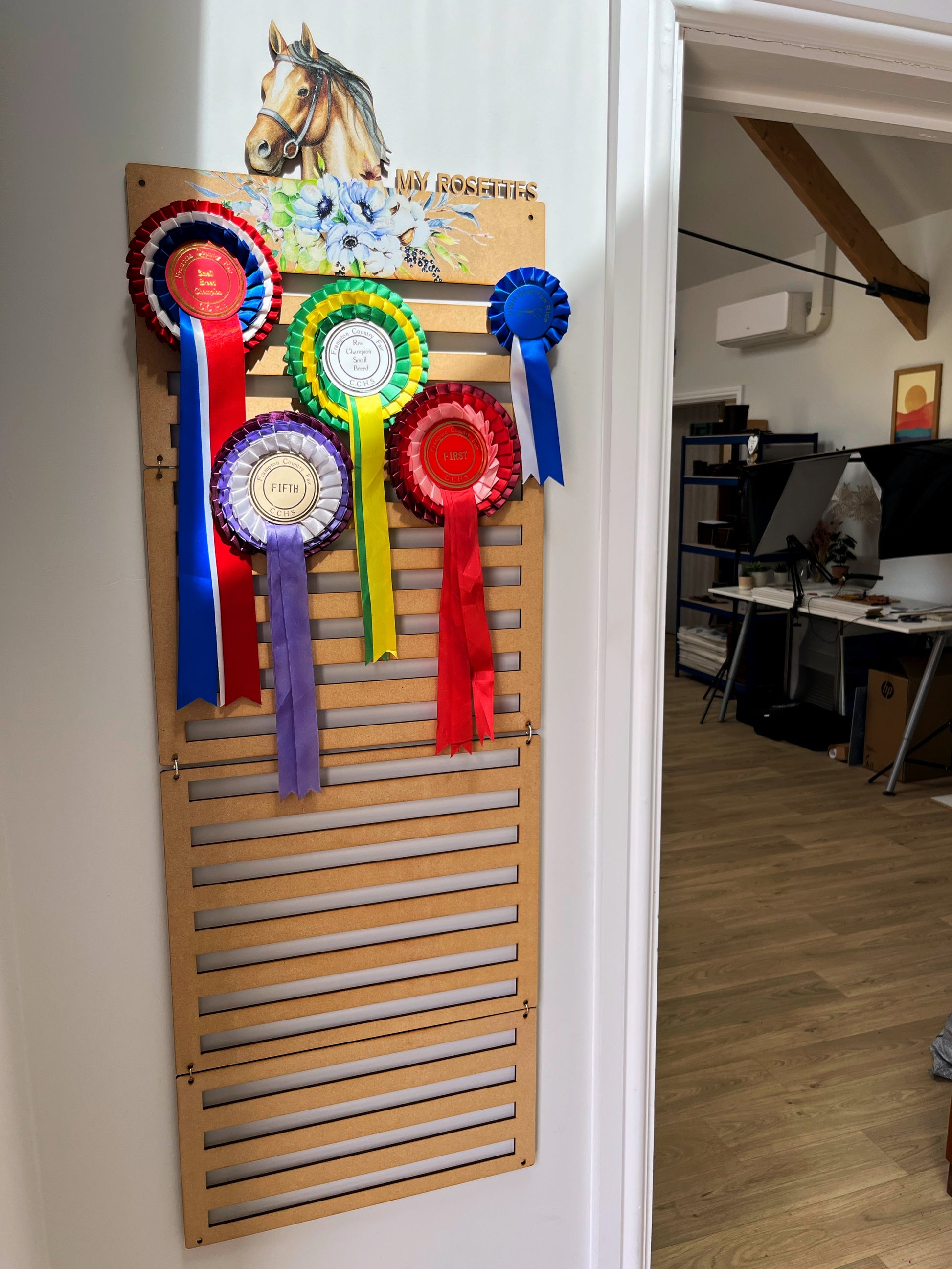 'My Rosettes' Horse Rosette Display Holder - UV Printed and Laser cut, To hold many rosettes - The Bespoke Workshop