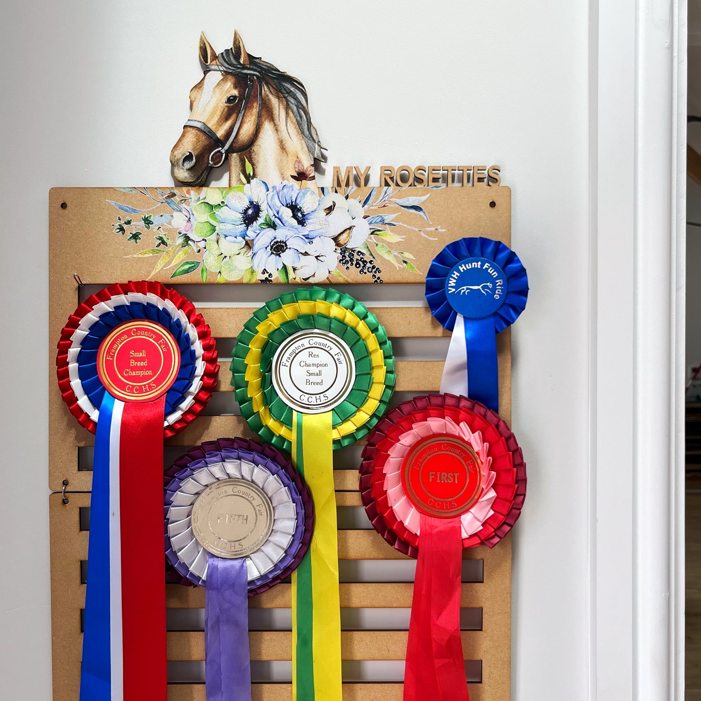 Horse Rosette Display Holder for back of door, UV printed horse with floral detail. The Bespoke Workshop