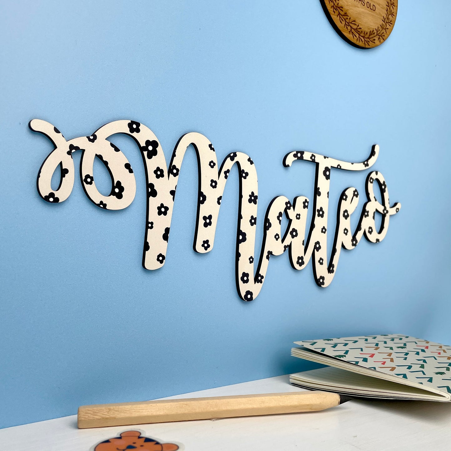 Personalised Printed Name Sign - Monochrome Flower Pattern