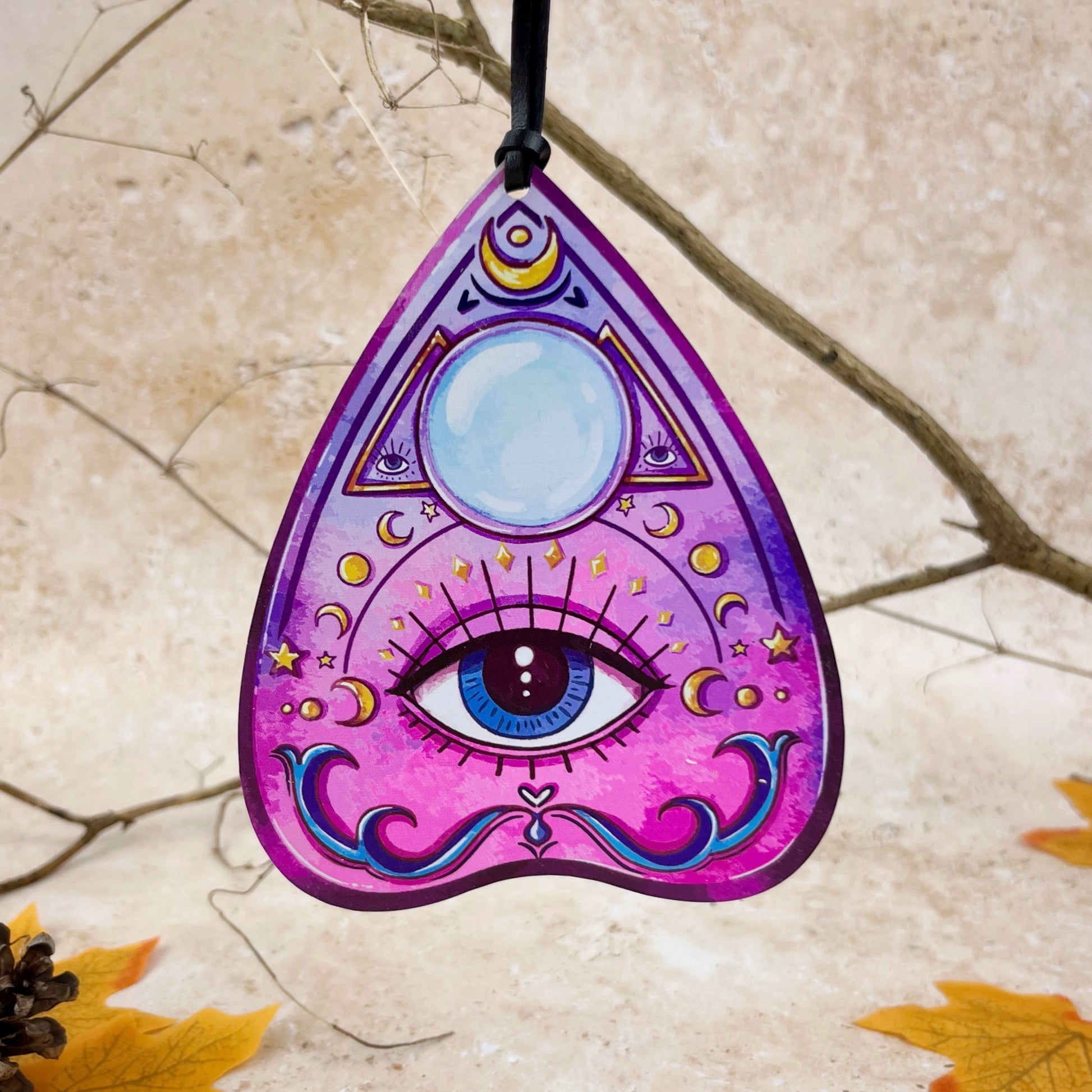 Halloween Witchcraft Ouija board inspired planchette, UV printed and laser cut by The Bespoke Workshop