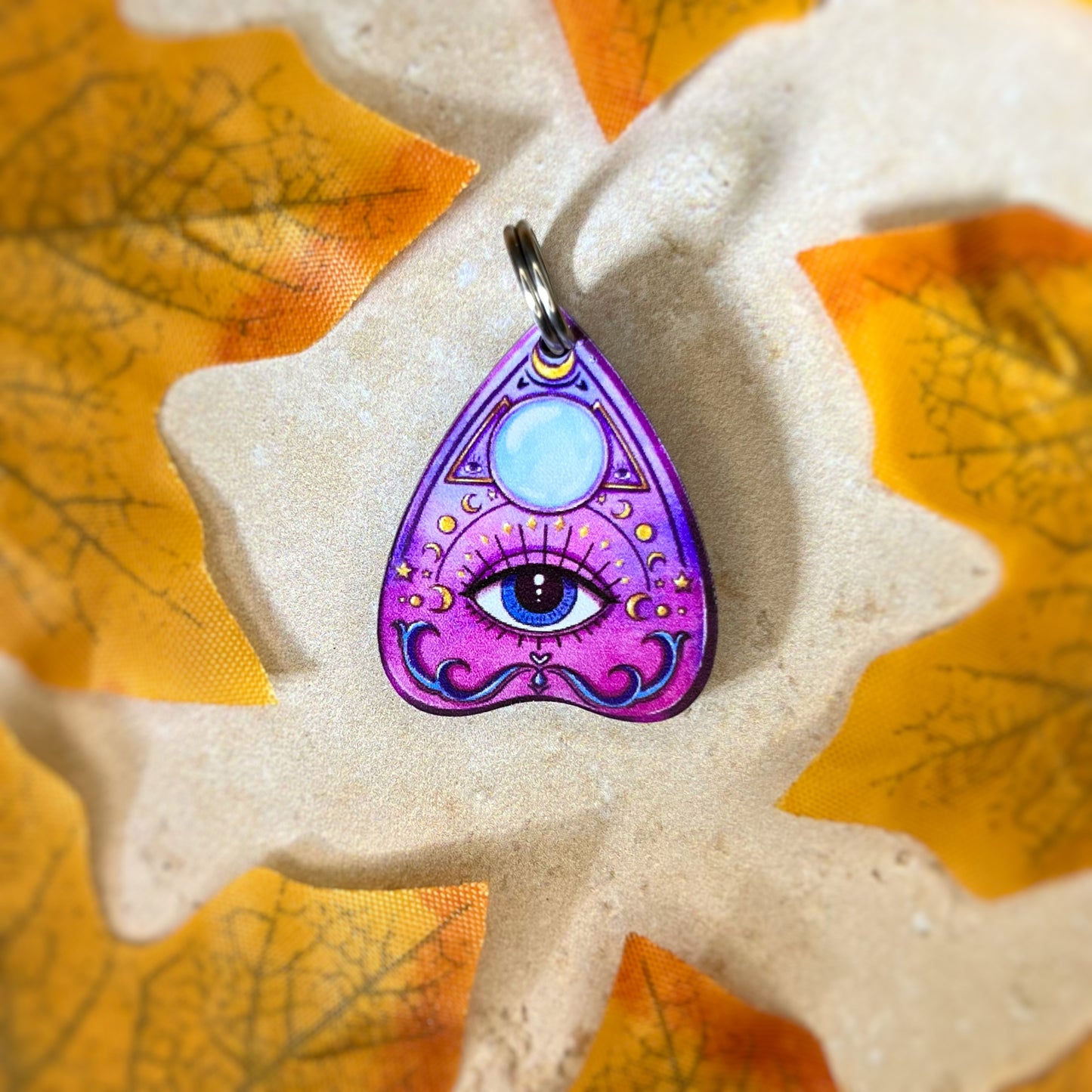 Acrylic Ouija Planchette pet tag, laser engraved by The Bespoke Workshop