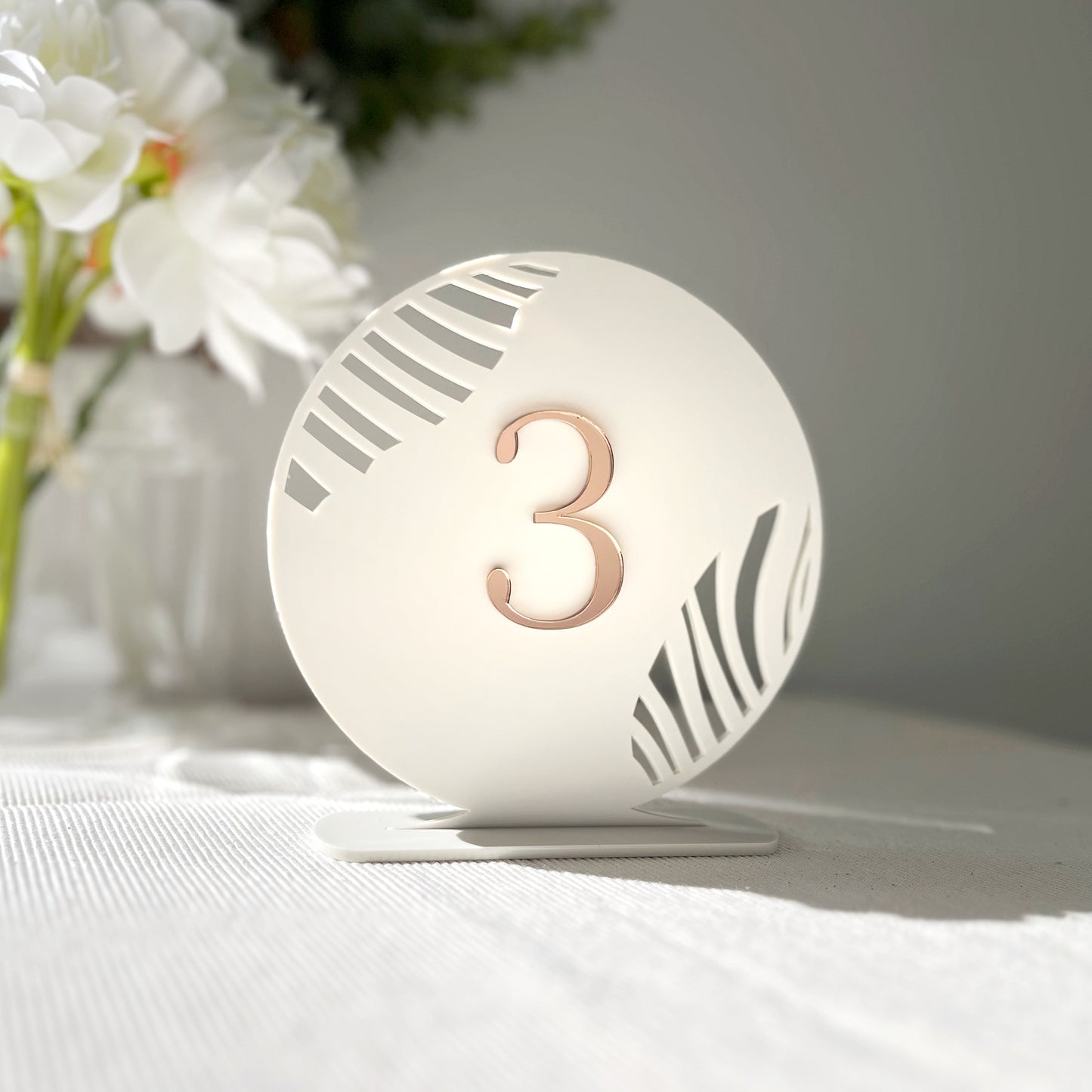 Modern Round Acrylic laser cut wedding table numbers made by The Bespoke Workshop