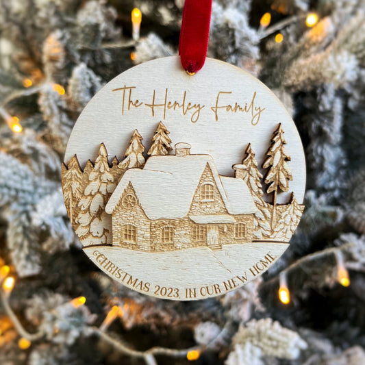 Laser engraved personalised winter scene tree decoration. Designed & created at The Bespoke Workshop