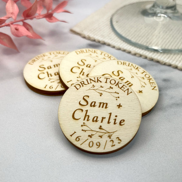 Wooden Personalised Wedding Drinks Tokens The Bespoke Workshop Wooden personalised wedding drinks tokens the bespoke workshop
