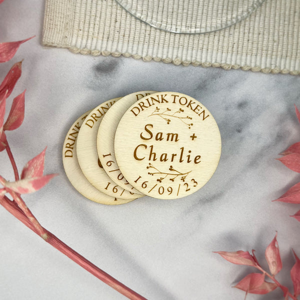 Wooden Personalised Wedding Drinks Tokens The Bespoke Workshop Wooden personalised wedding drinks tokens the bespoke workshop