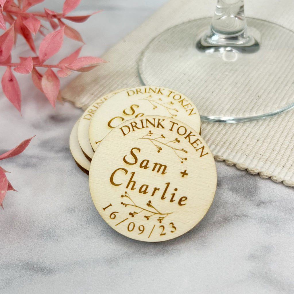 Wooden Personalised Wedding Drinks Tokens The Bespoke Workshop Wooden personalised wedding drinks tokens the bespoke workshop