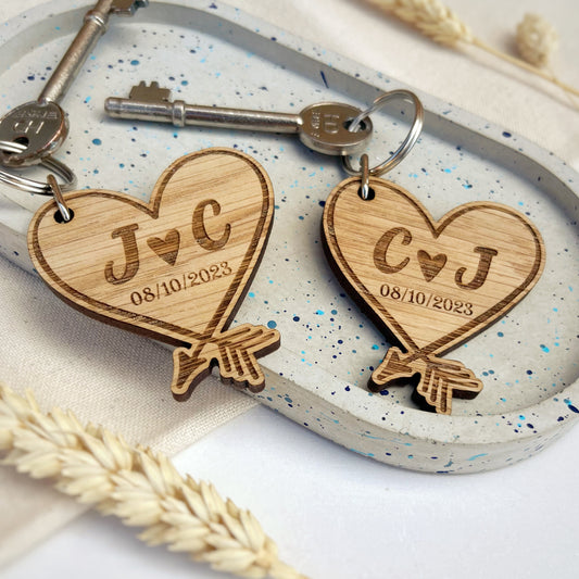 A pair of Heart Keyrings - Personalised with initials and date