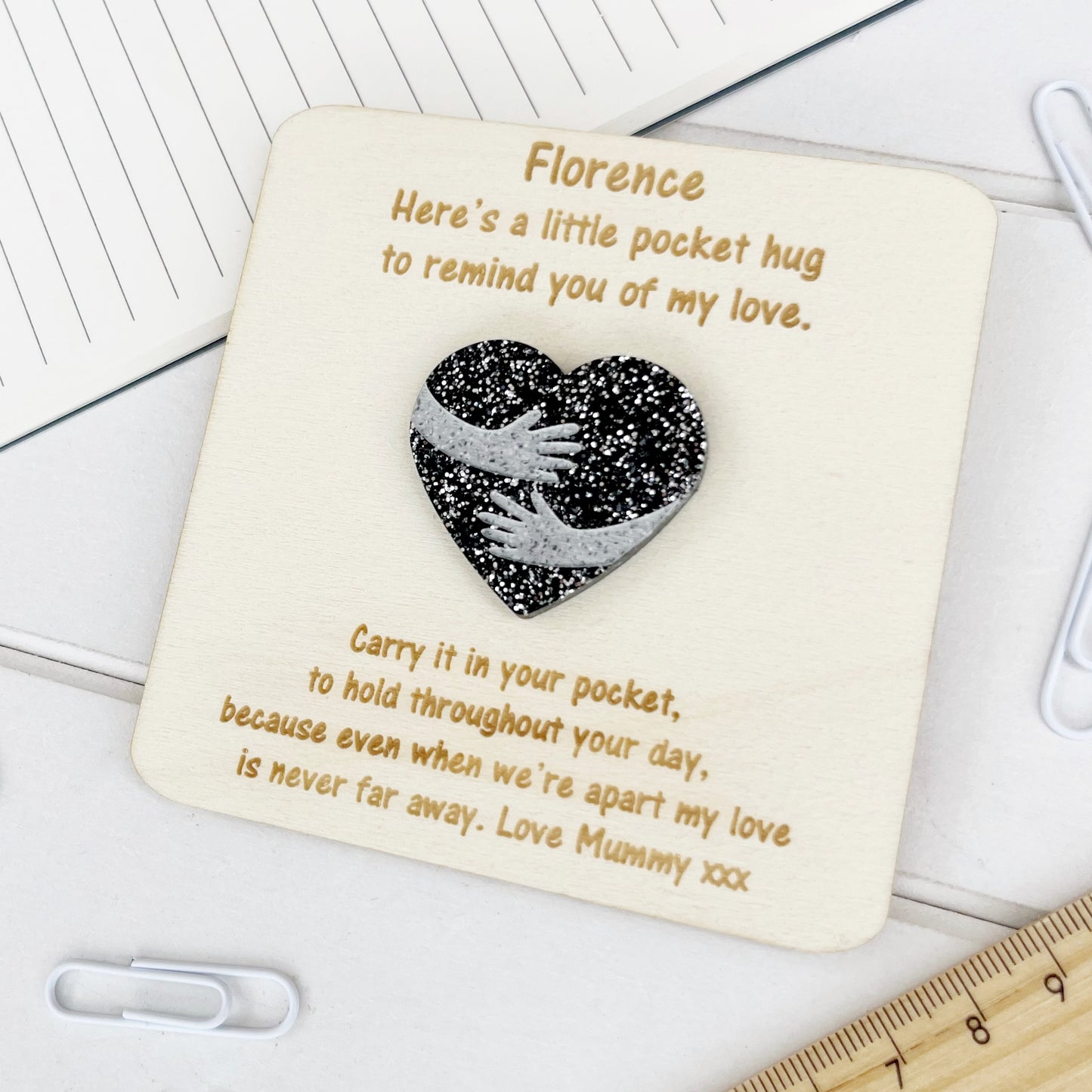 Personalised Back to School Pocket Hug Glitter Heart Token