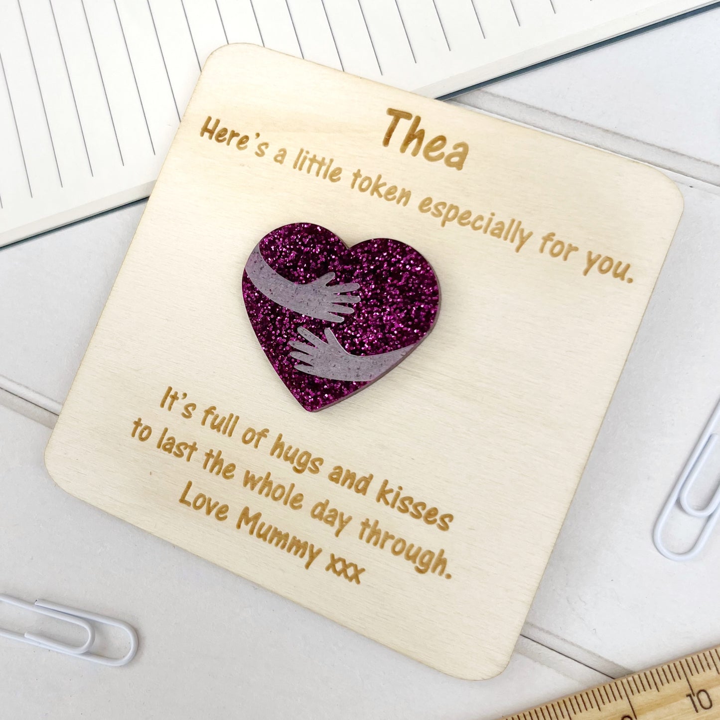 Personalised Back to School Pocket Hug Glitter Heart Token