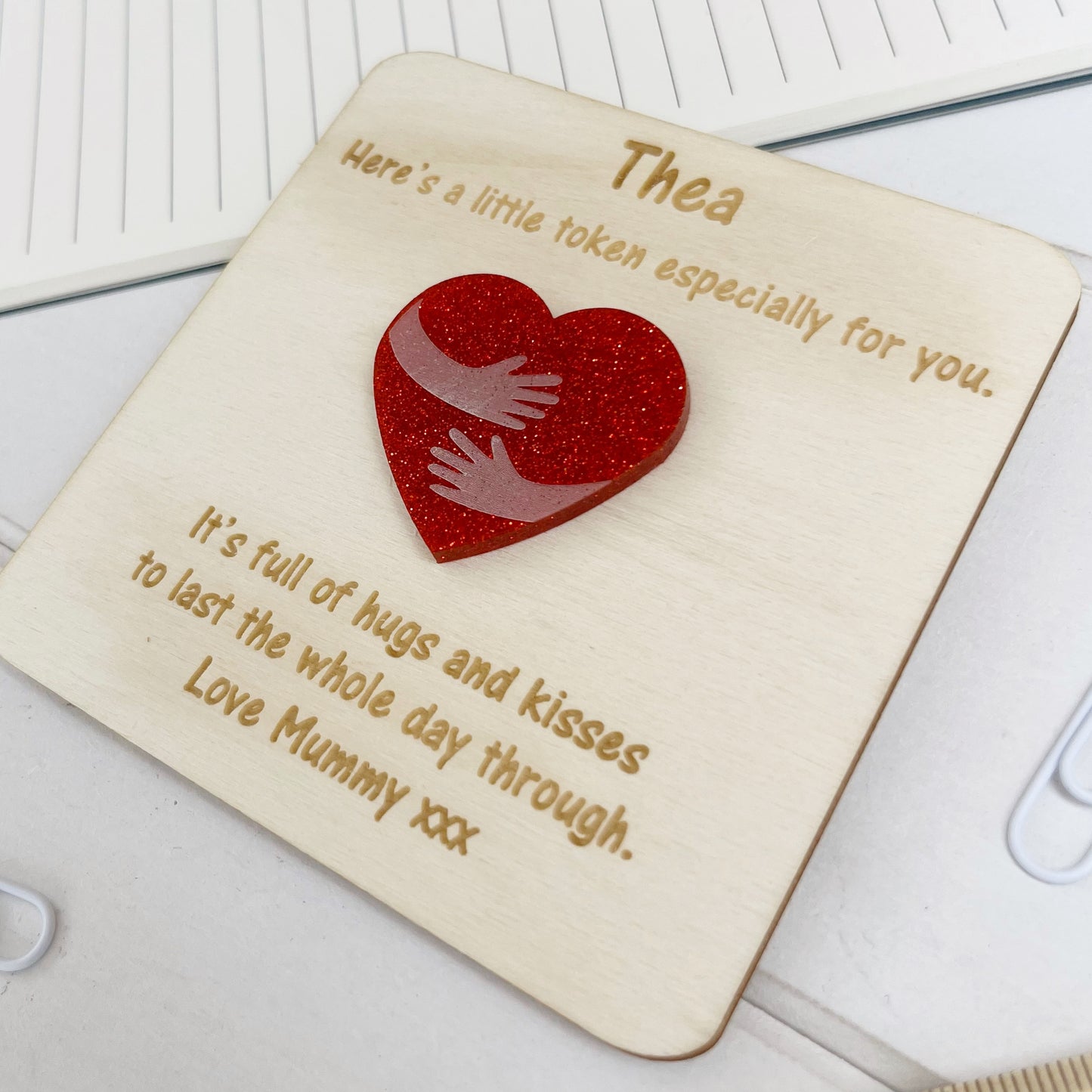 Personalised Back to School Pocket Hug Glitter Heart Token