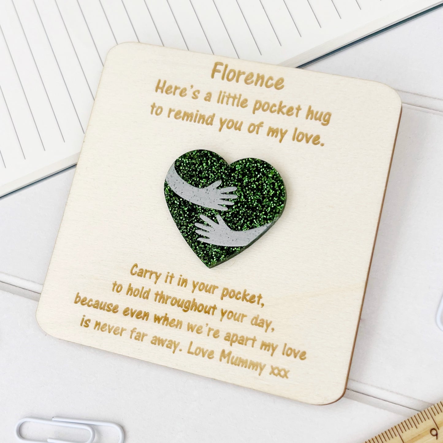 Personalised Back to School Pocket Hug Glitter Heart Token