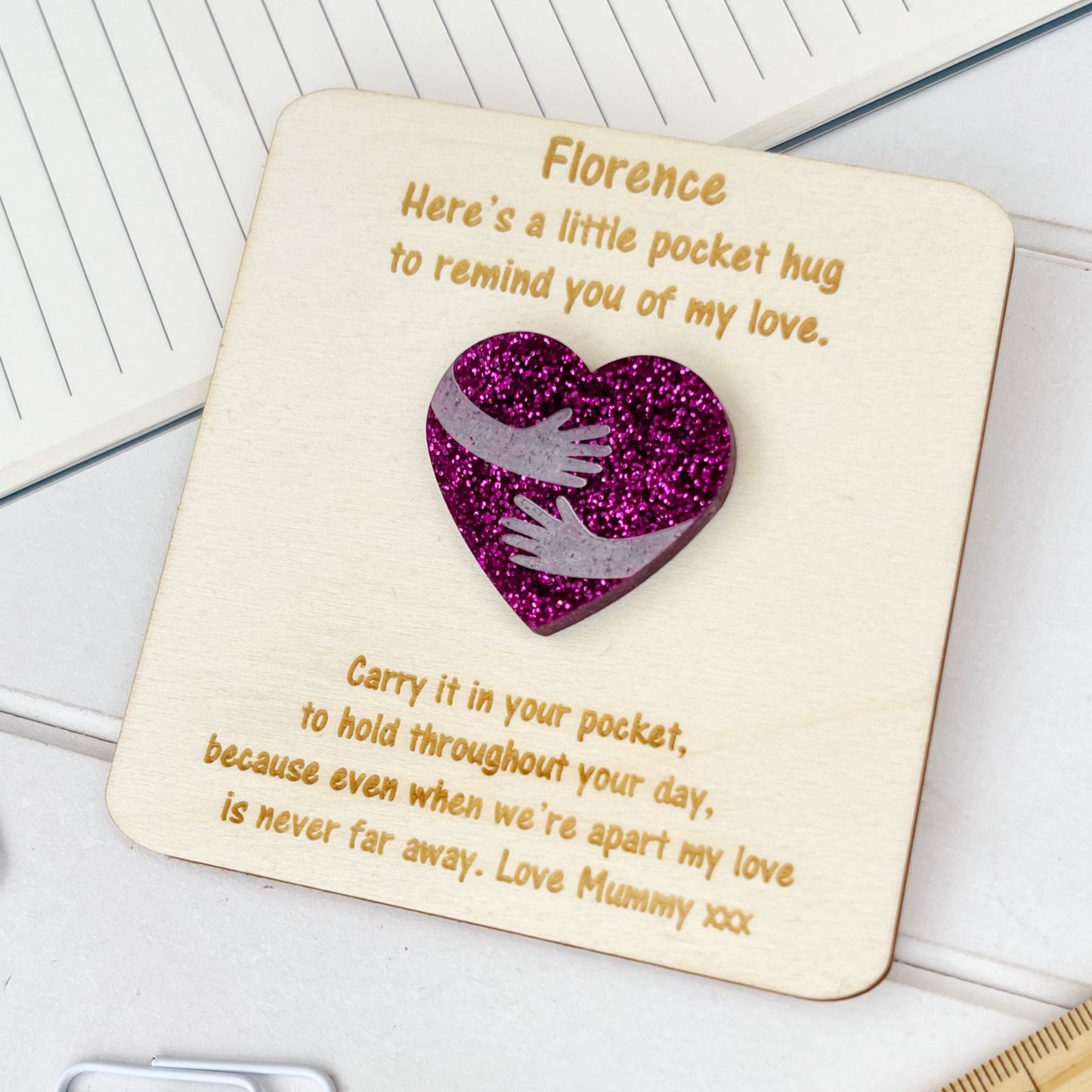 Personalised Back to School Pocket Hug Glitter Heart Token