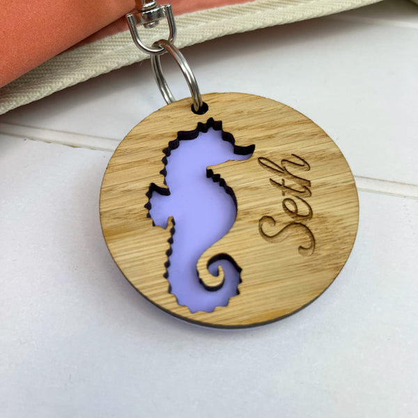Colouful Name Seahorse Keyring for Children going back to school, Personalised with an engraved name - The Bespoke Workshop
