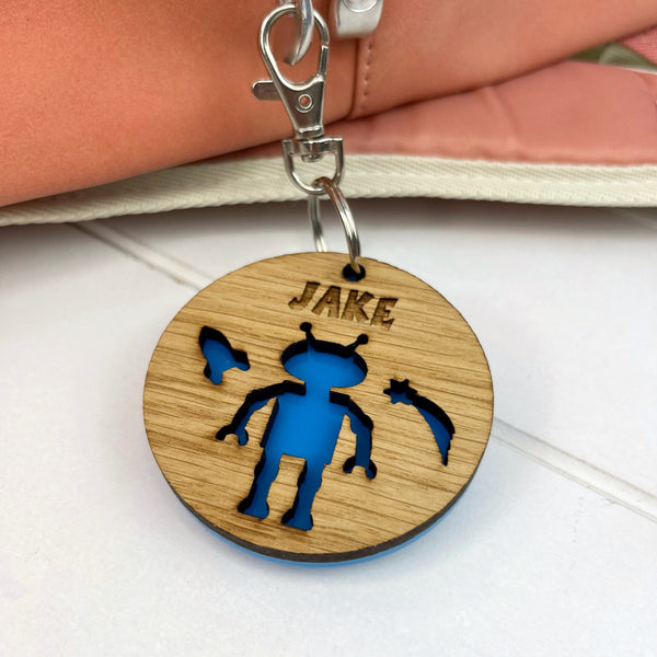 Colouful Name Robot Keyrings for Children going back to school, Personalised with an engraved name - The Bespoke Workshop