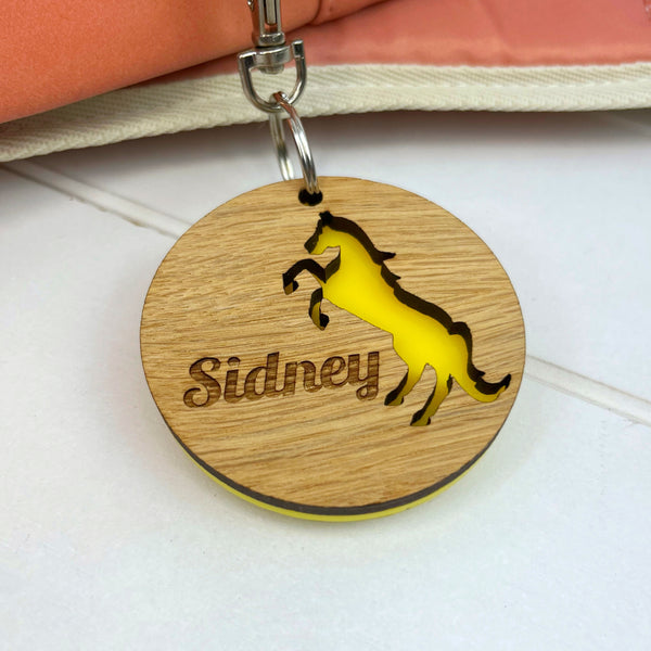 Colouful Name Horse Keyrings for Children going back to school, Personalised with an engraved name - The Bespoke Workshop
