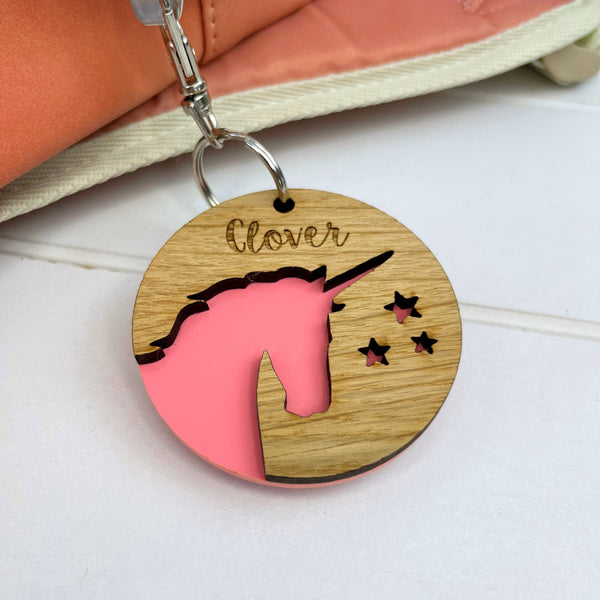 Colouful Name Unicorn Keyring for Children going back to school, Personalised with an engraved name - The Bespoke Workshop