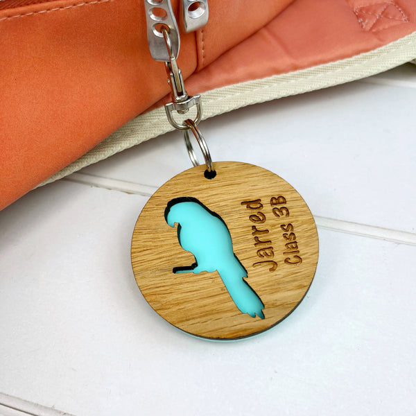 Colouful Name Parrot Keyring for Children going back to school, Personalised with an engraved name - The Bespoke Workshop