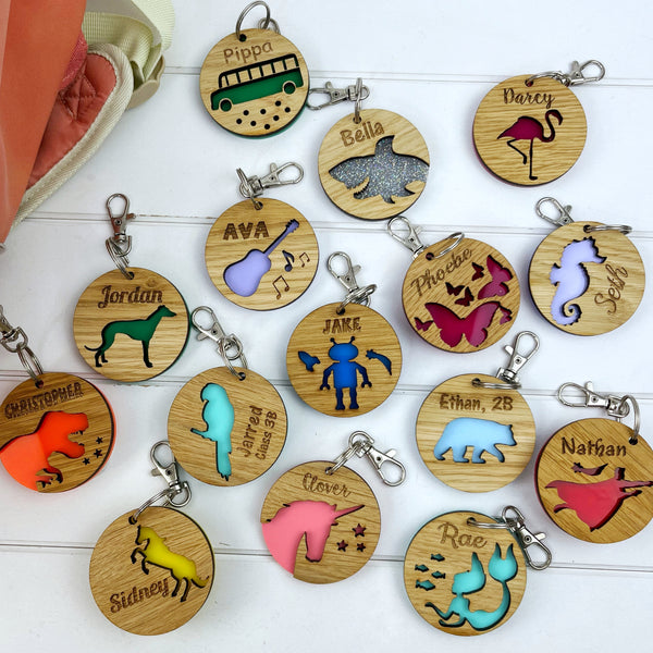 Colouful Name Keyrings for Children going back to school, Personalised with an engraved name - The Bespoke Workshop