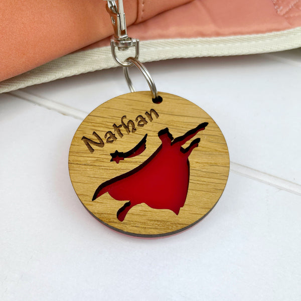 Colouful Name Superhero Keyring for Children going back to school, Personalised with an engraved name - The Bespoke Workshop