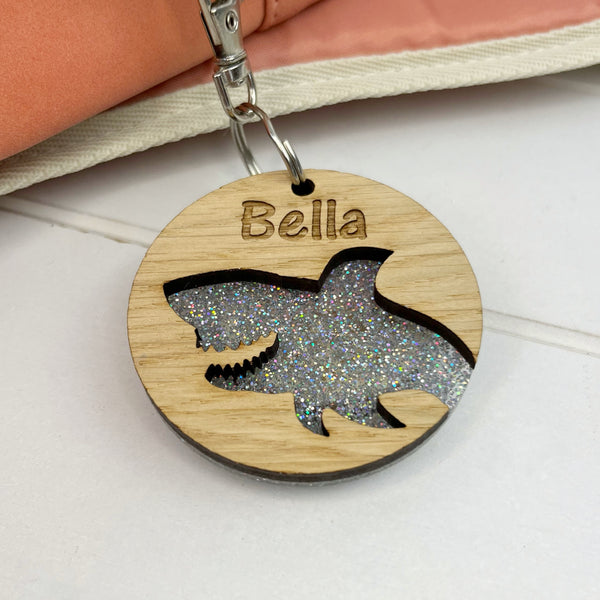 Colouful Name Shark Keyring for Children going back to school, Personalised with an engraved name - The Bespoke Workshop