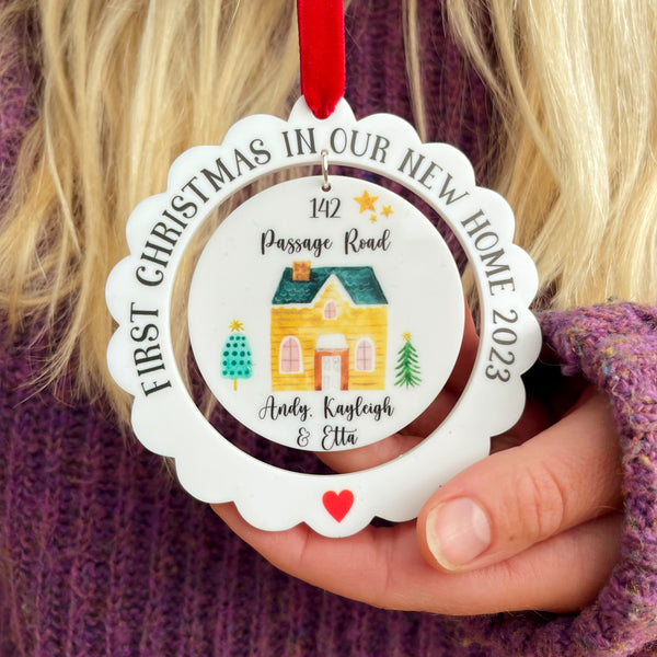 First Christmas In Our New Home, Personalised Christmas Ornament featuring a watercolour house in the centre and red velvet ribbon - The Bespoke Workshop