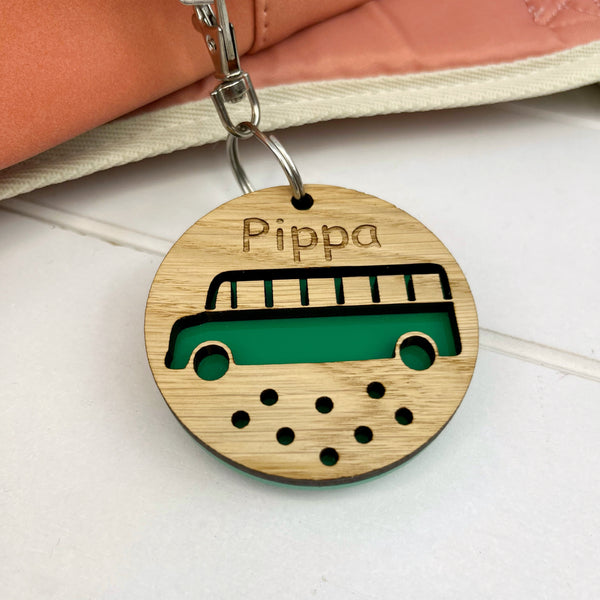 Colouful Name Bus Keyring for Children going back to school, Personalised with an engraved name - The Bespoke Workshop
