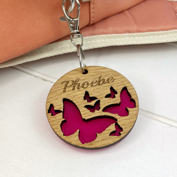 Colouful Name Butterfly Keyring for Children going back to school, Personalised with an engraved name - The Bespoke Workshop