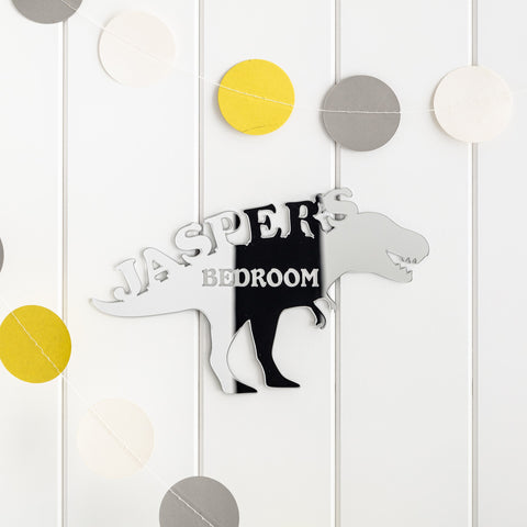 Dinosaur Shaped Personalised Bedroom Door Plaque - Silver Mirrored Acrylic