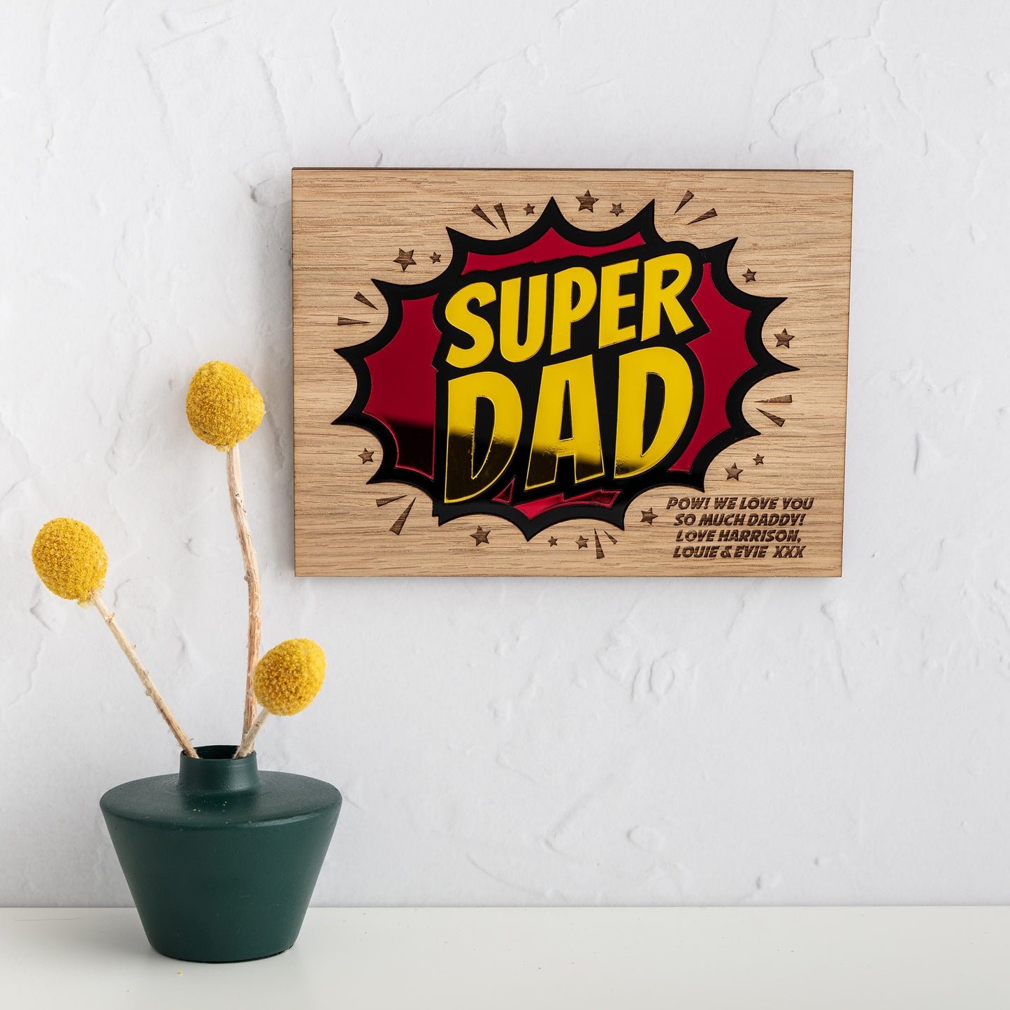 SUPER DAD Mirrored Acrylic & Oak Personalised Wall Plaque