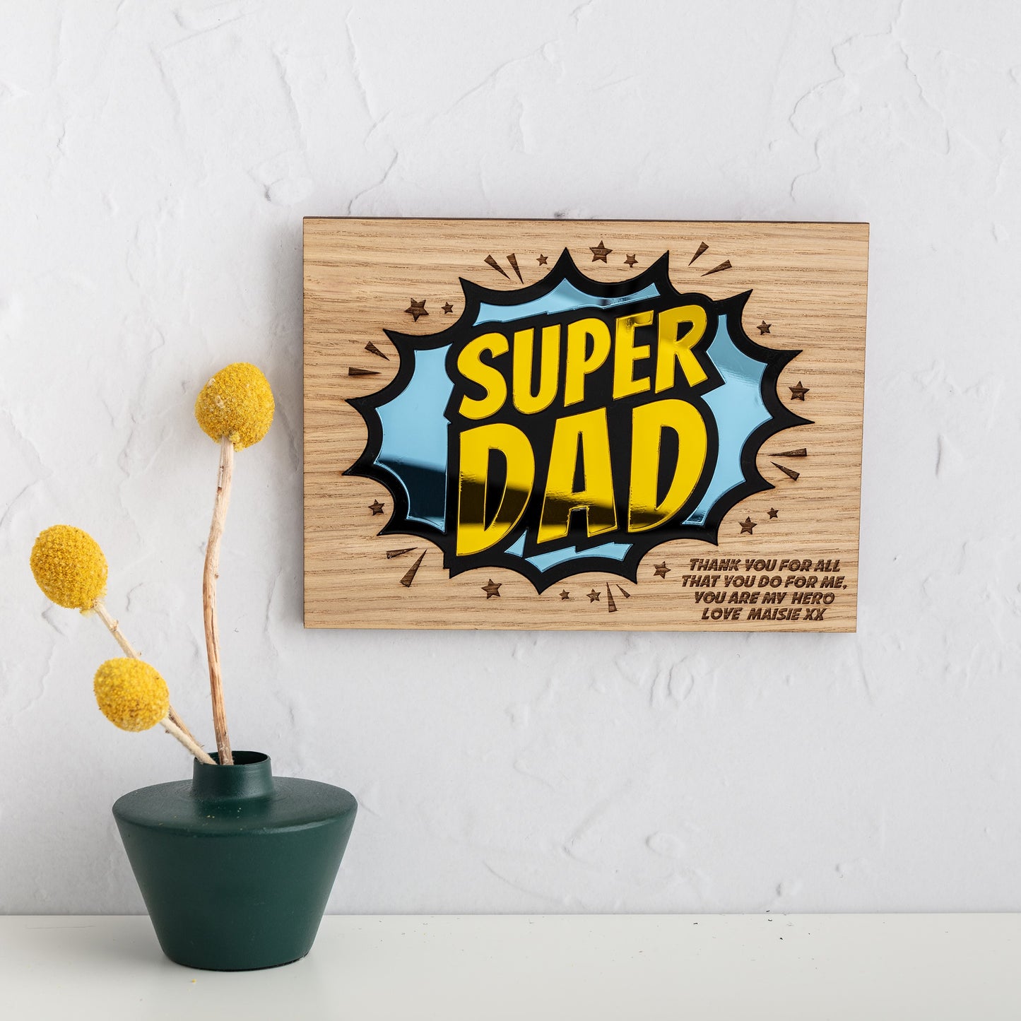 SUPER DAD Mirrored Acrylic & Oak Personalised Wall Plaque