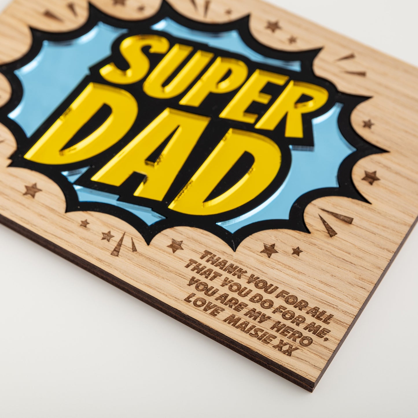 SUPER DAD Mirrored Acrylic & Oak Personalised Wall Plaque