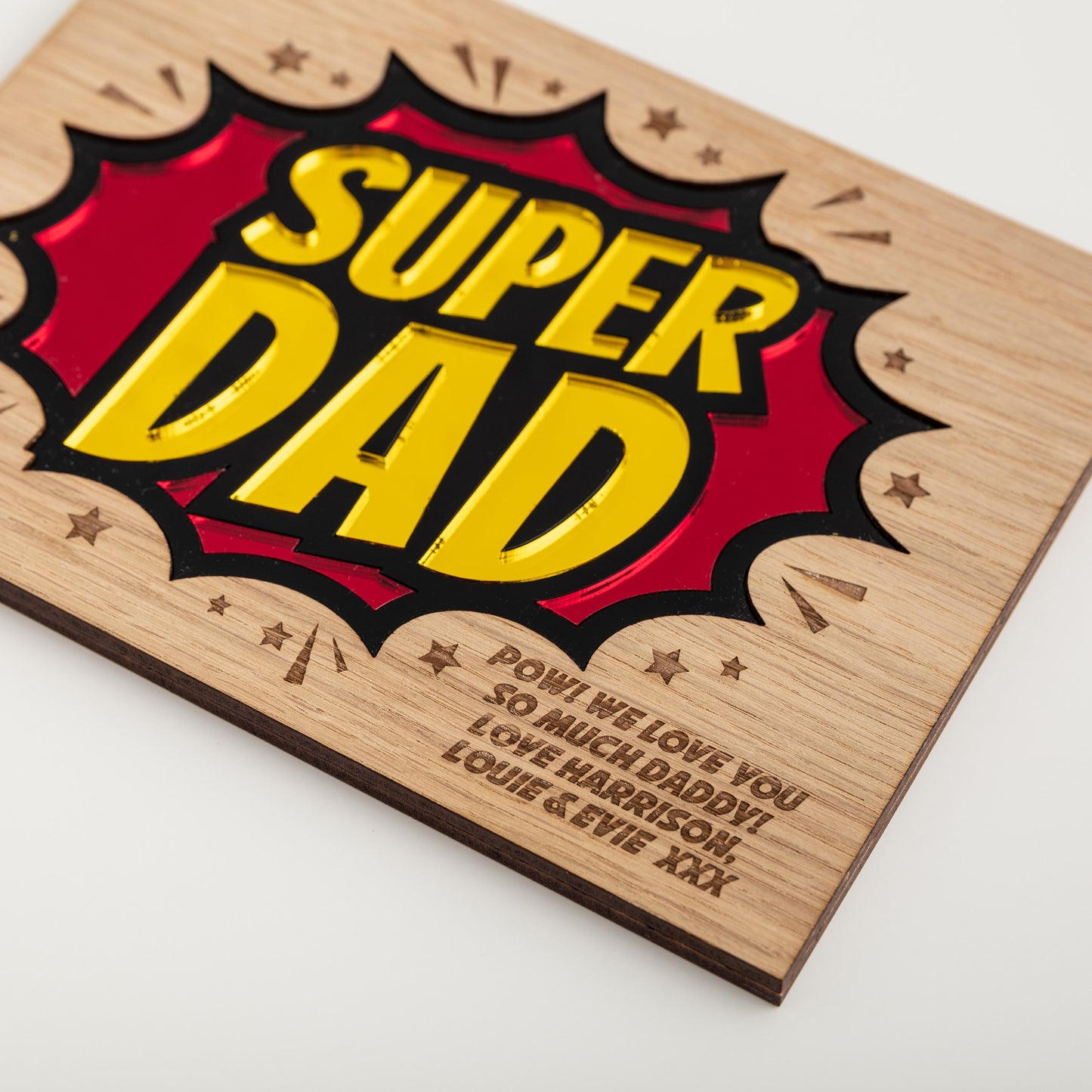 SUPER DAD Mirrored Acrylic & Oak Personalised Wall Plaque