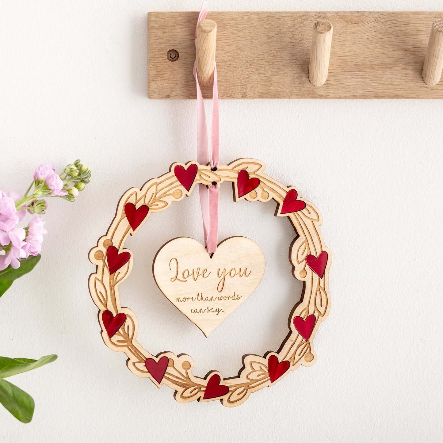 Wooden Personalised Laurel Wreath with Red Hearts - Valentines Hanging Wall Plaque