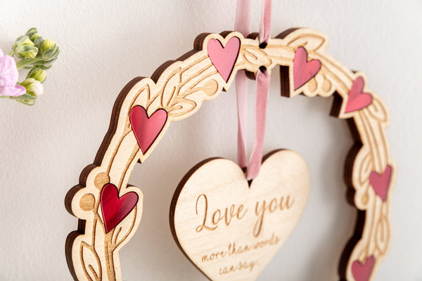Wooden Personalised Laurel Wreath with Red Hearts - Valentines Hanging Wall Plaque