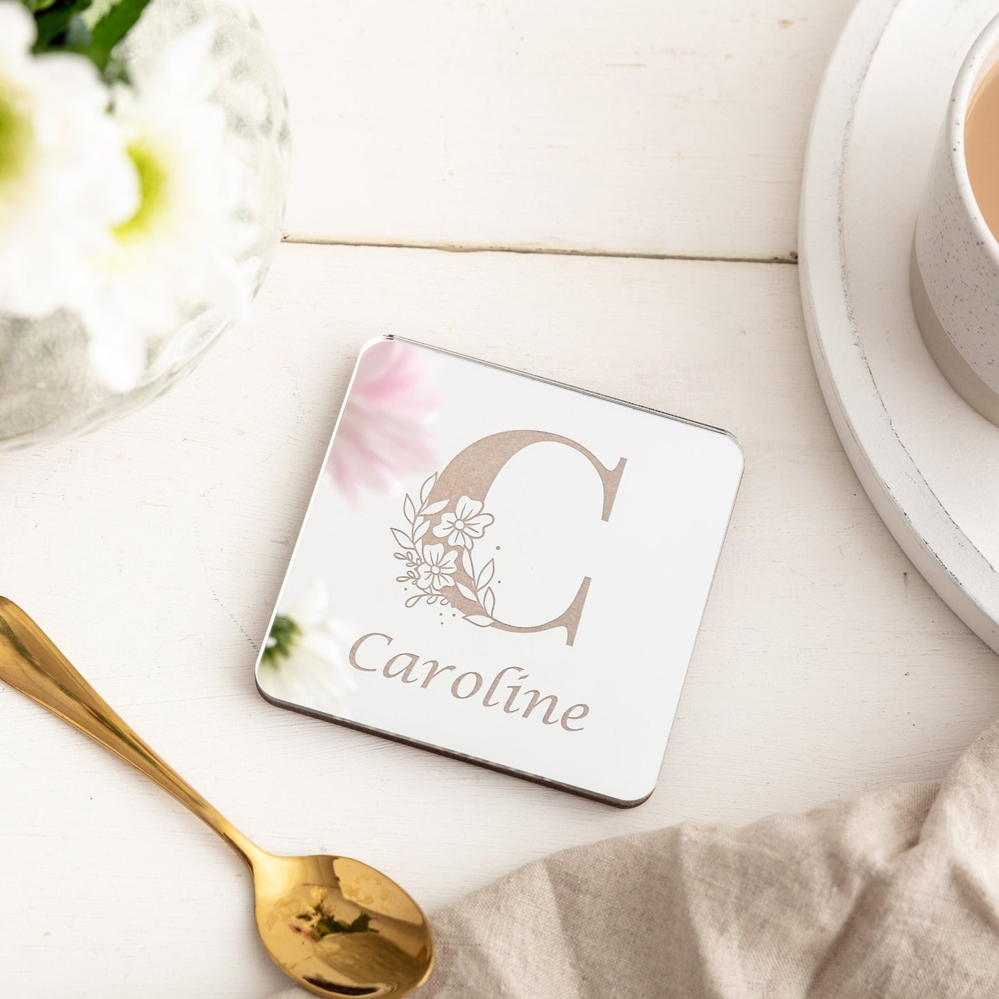 Mirrored Floral Monogram Personalised Coaster