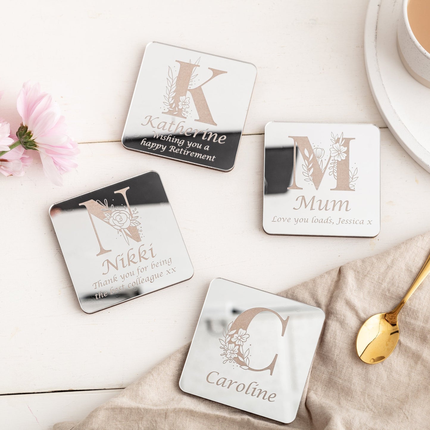 Mirrored Floral Monogram Personalised Coaster