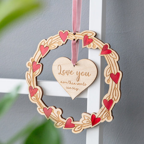 Wooden Personalised Laurel Wreath with Red Hearts - Valentines Hanging Wall Plaque