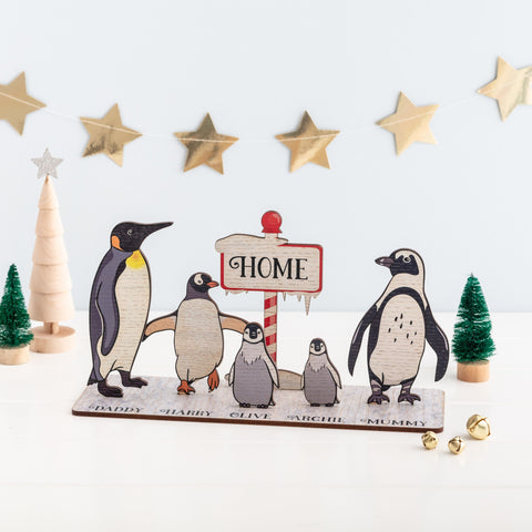 Personalised Penguin Wooden Printed Family Stand Up Scene