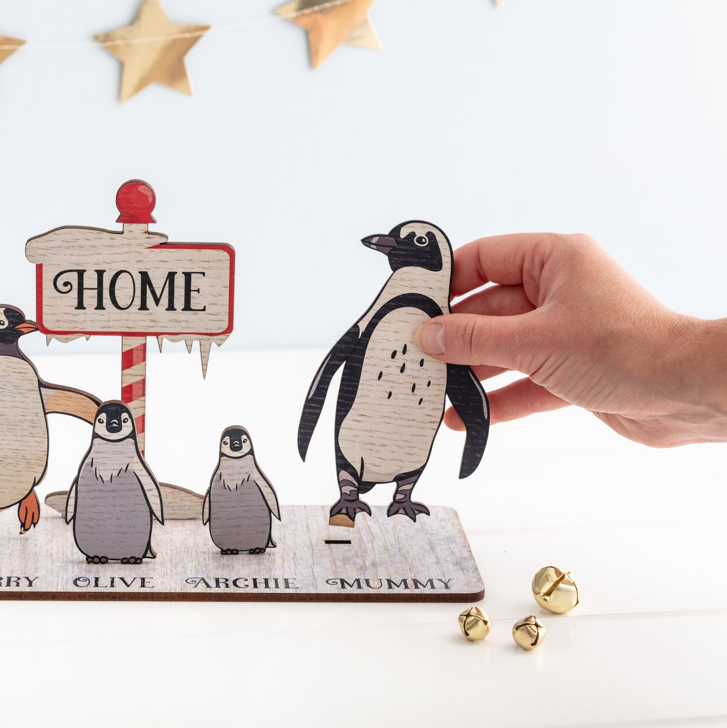 Personalised Penguin Wooden Printed Family Stand Up Scene