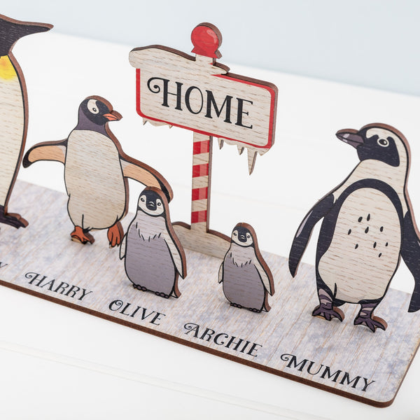 Personalised Penguin Wooden Printed Family Stand Up Scene