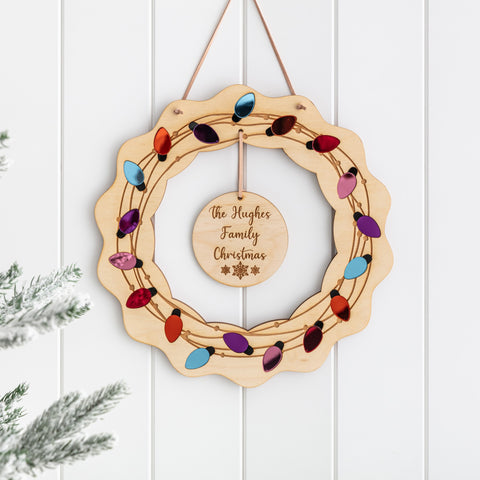 Personalised Wooden Christmas Wreath - Fairy Light Design