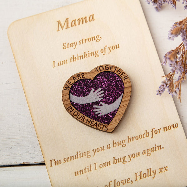 Purple Glitter Hug Heart - Pocket Token or Brooch on a personalised wooden card - The Bespoke Workshop