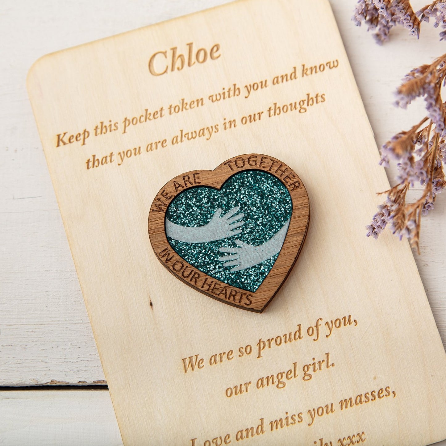 Blue Glitter Hug Heart - Pocket Token or Brooch on a personalised wooden card - The Bespoke Workshop