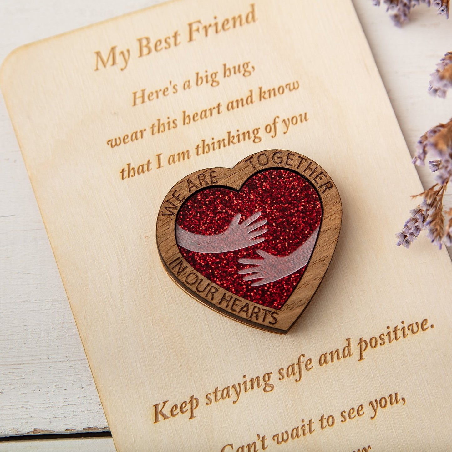 Red Glitter Hug Heart - Pocket Token or Brooch on a personalised wooden card - The Bespoke Workshop