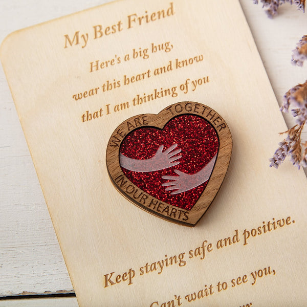 Red Glitter Hug Heart - Pocket Token or Brooch on a personalised wooden card - The Bespoke Workshop