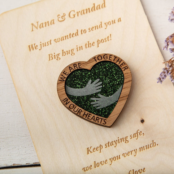 Green Glitter Hug Heart - Pocket Token or Brooch on a personalised wooden card - The Bespoke Workshop