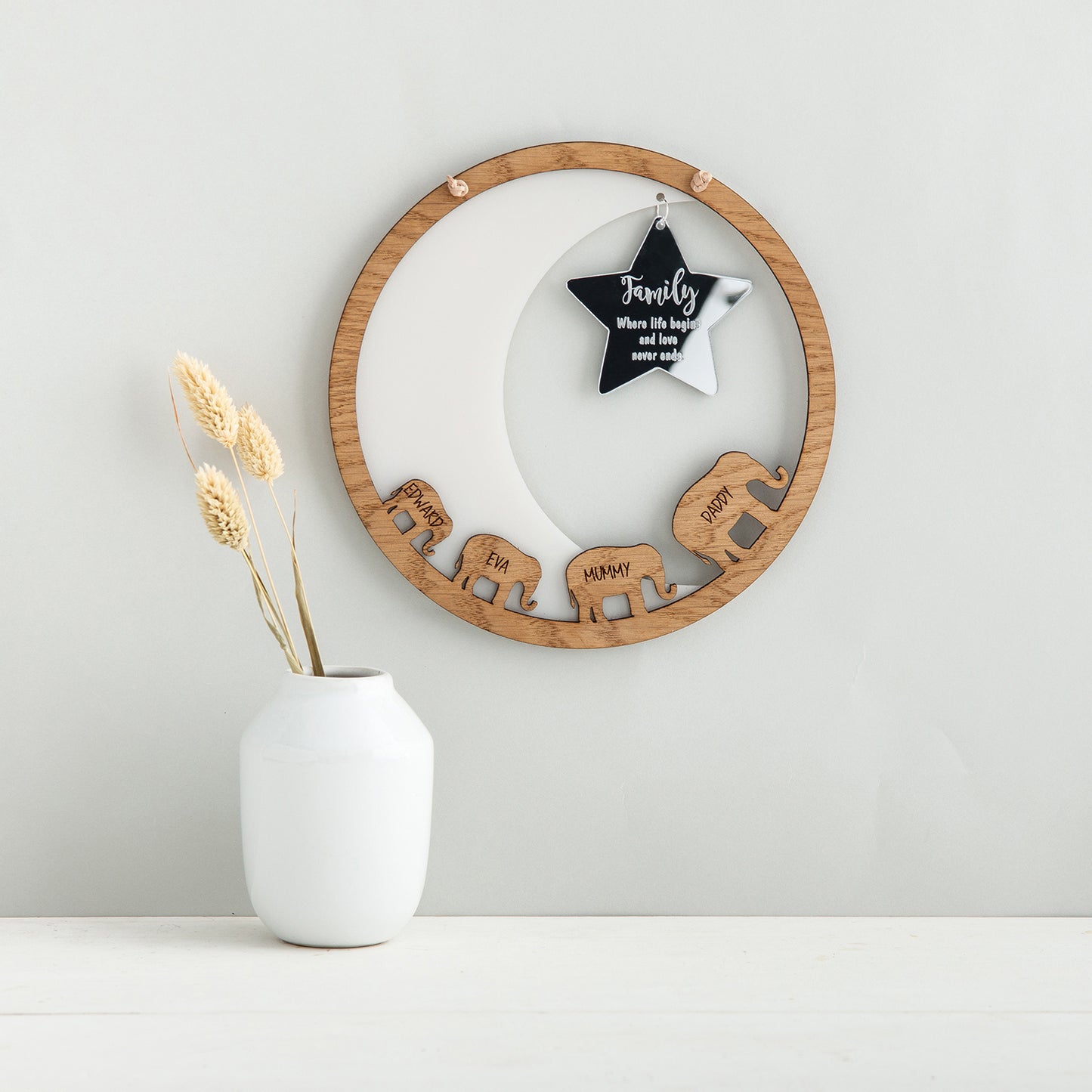 Elephant Family Wall Plaque, with Moon & Personalised Star