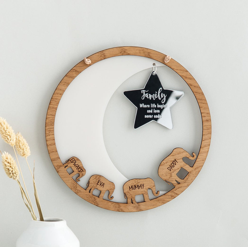 Elephant Family Wall Plaque, with Moon & Personalised Star