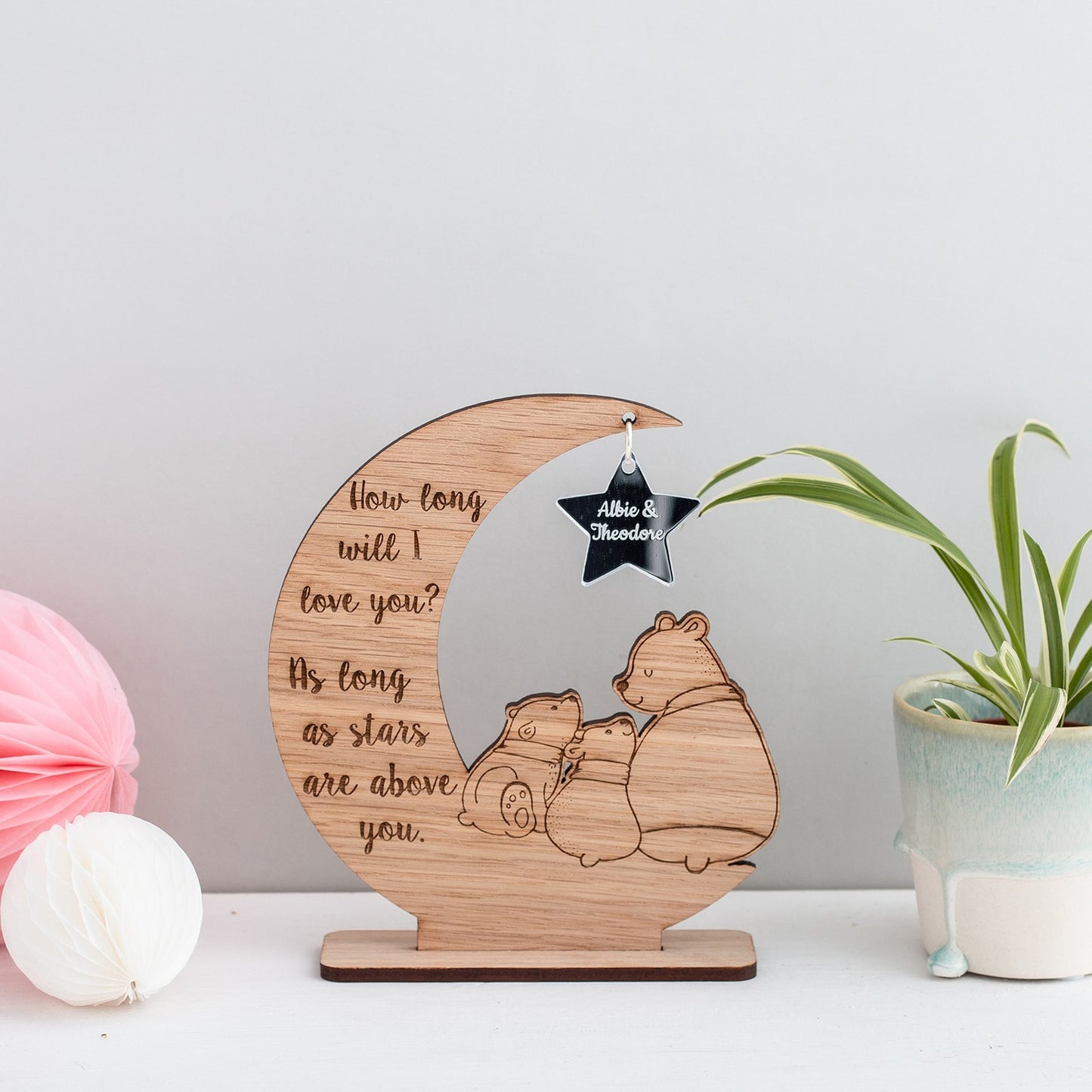 'How long will I love you.....' Personalised Moon, Star and Bear decoration